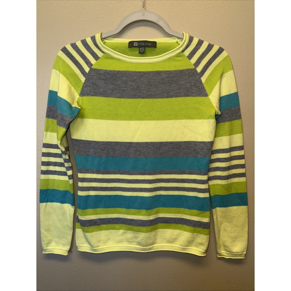 Title Nine Sweater XS Striped Long Sleeve Pullover Bright Yellow Gray Blue